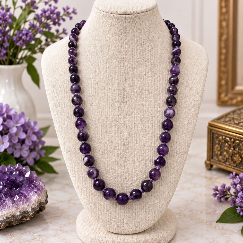 Vintage Hand Knotted Amethyst Bead Necklace 7mm Genuine Purple Gemstone 30"